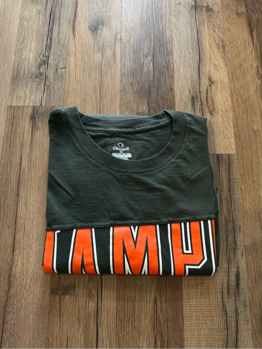Champion Olive Green Short-Sleeve Tee with Orange Graphic